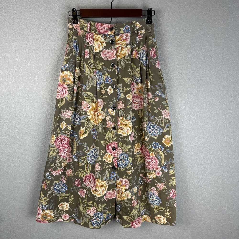 Vintage Lizsport Pleated Button Midi Skirt Size S 4P Floral Cotton Cottagecore